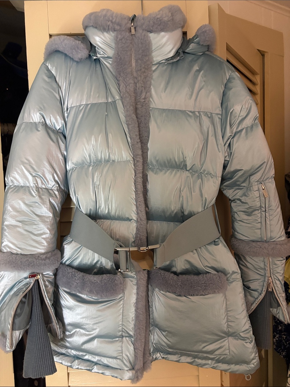 My Sunday Ski Coat!!!  Light Blue Shearling-Trim Quilted Puffer Jacket